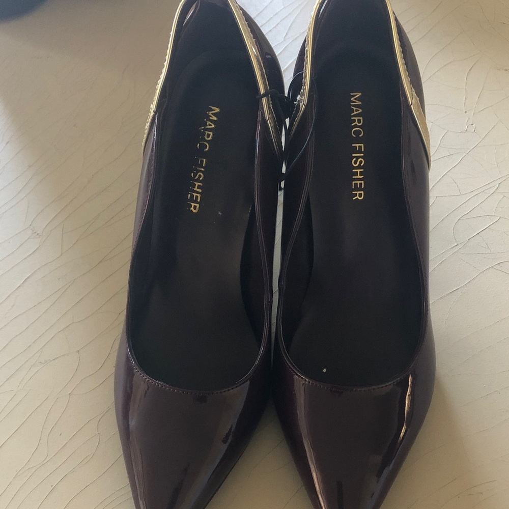 Marc Fisher Dark Burgundy Patent Pointed Toe Pumps with Gold Accent